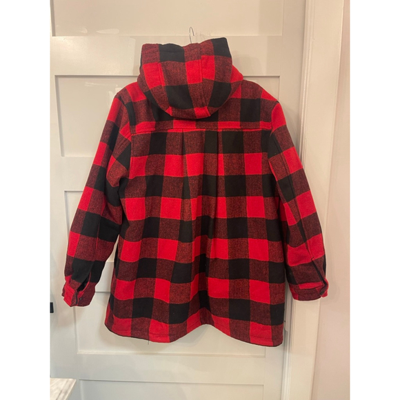 Coldwater Creek Red Black Buffalo Plaid Wool Blend Hooded Coat Jacket Size M - Picture 2 of 7